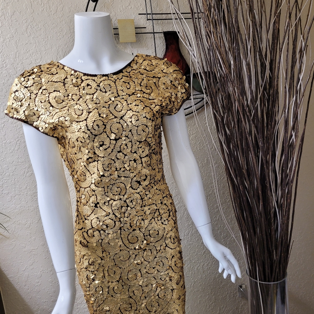 Gold Sequenced Mid Length (Low-cut Back/Shoulder Pads)  Dress